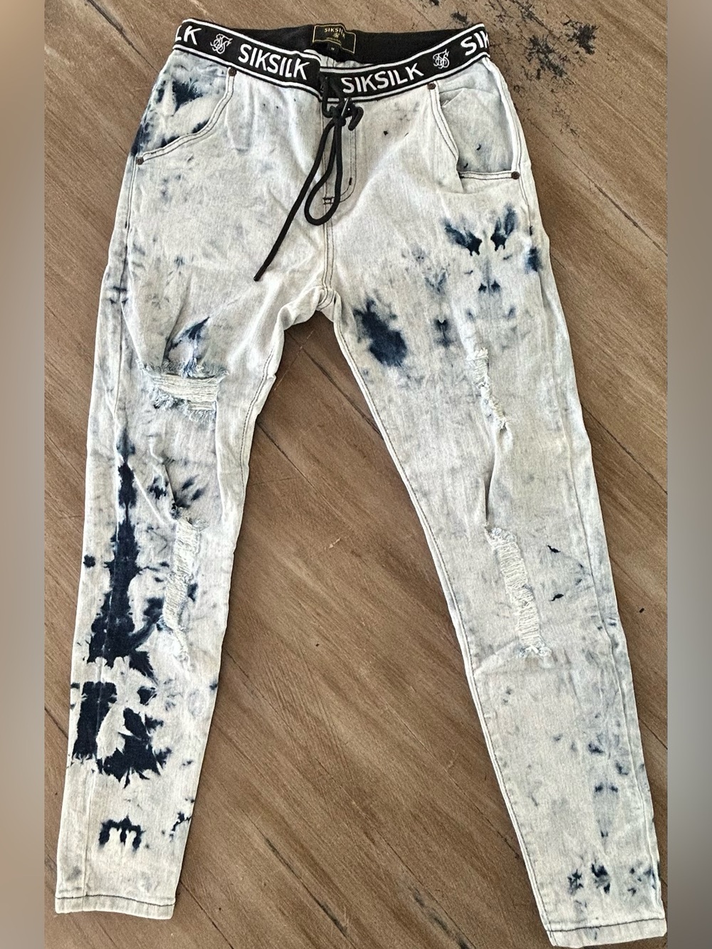 SikSilk Men's Skinny Jeans - Washed White with Navy Tie-Dye
